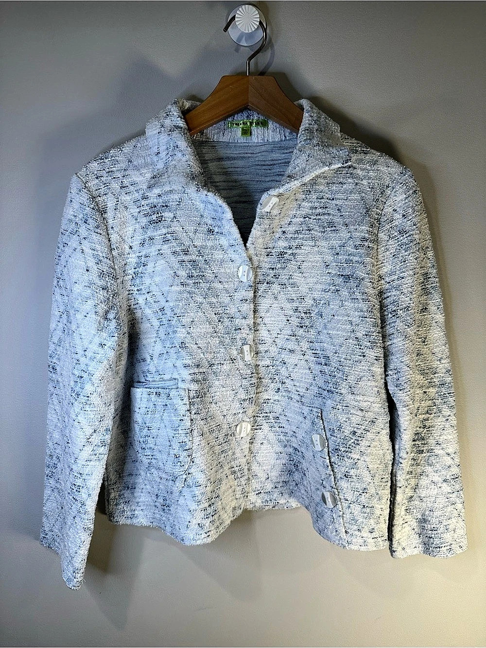 Trisha Tyler Blue White Textured Knit Jacket Blazer Size S Button Front
